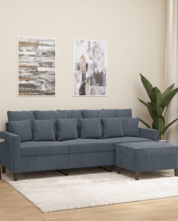 3-Personers Sofa med Fodskammel i Mørkegrå Velour