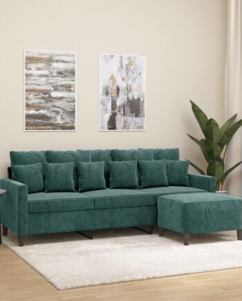 3-Personers Sofa med Fodskammel i Mørkegrøn Velour