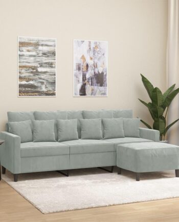 3-Personers Sofa med Fodskammel i Lysegrå Velour