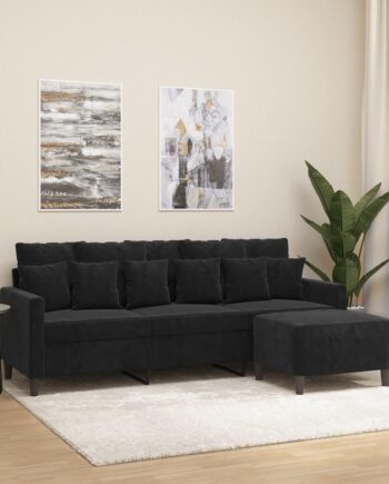 3-Personers Sofa med Fodskammel i Sort Velour