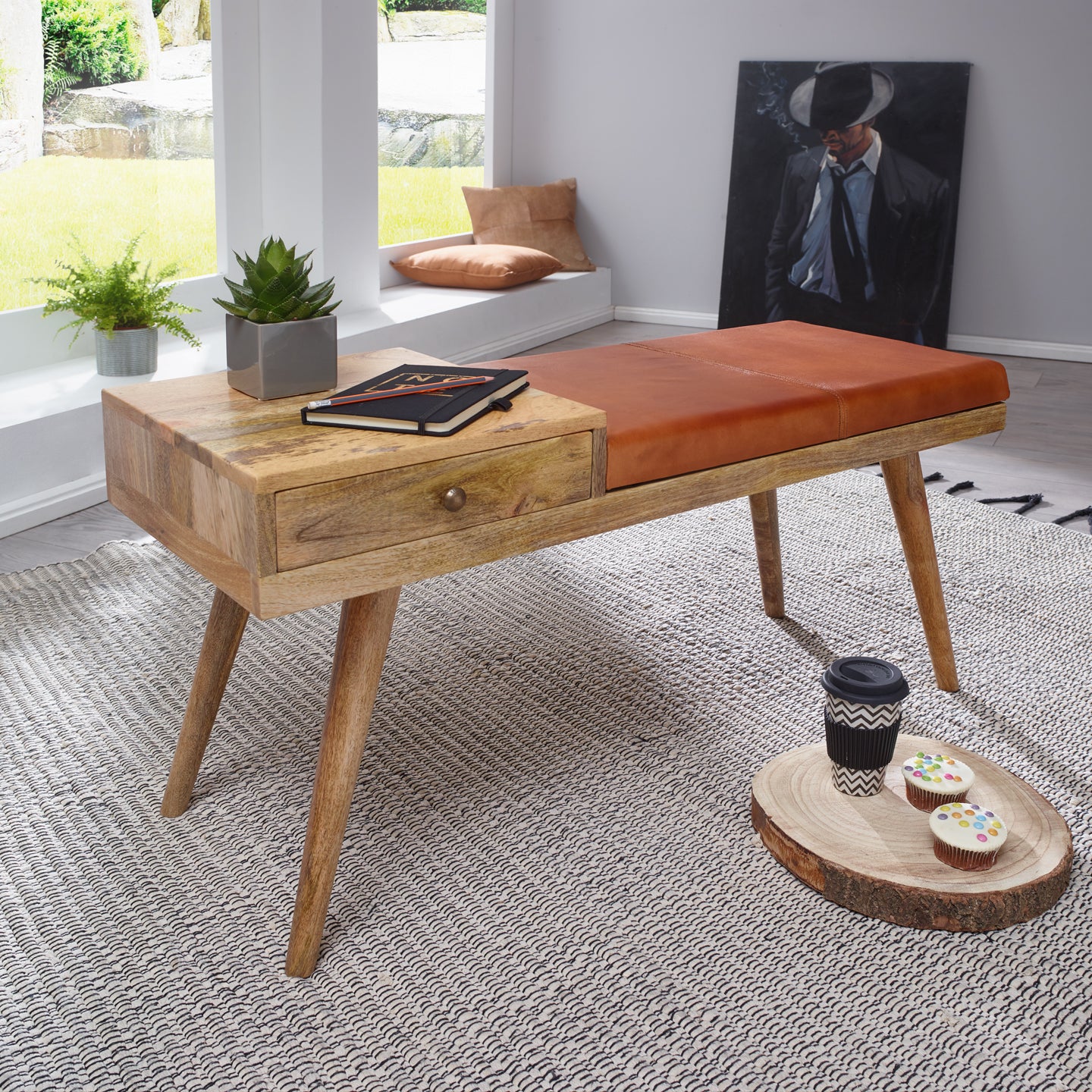 Entrbænk i Læder med Opbevaring - Retro Design