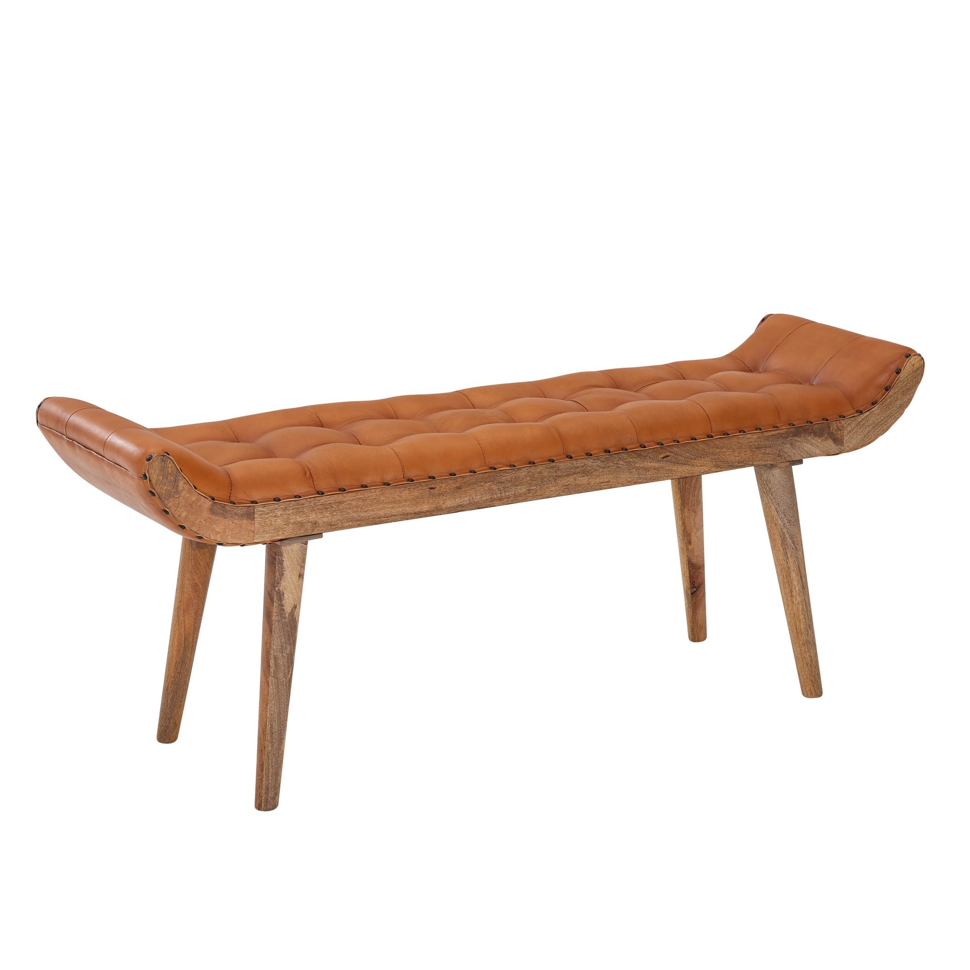 Elegant Bænk i Læder og Massivt Træ med Chesterfield Mønster