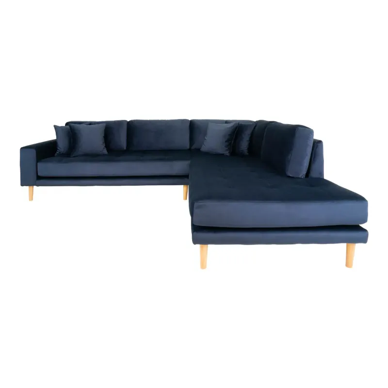 Blå Velour Højrevendt Sofa med 4 Puder - Tilbud!