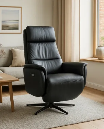 Anne Elbetjent Lænestol  Sort Læder Indbygget Skammel Comfort Living Sneaker